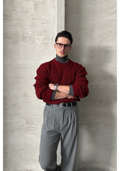 Erkek Fitilli Örme Oversize Kazak Bordo