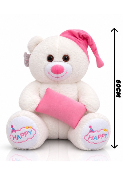 Ayıcık Şapkalı Ve Yastıklı Seri Peluş Ayıcık 60cm - Hediyelik Peluş Oyuncak 001 - Beyaz