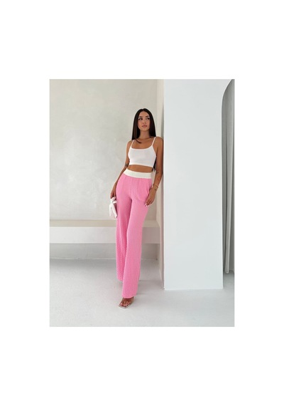 Gugus Kadın Gofre Beli Güpür Lastikli Wide Lege Yazlık Pantolon Pembe