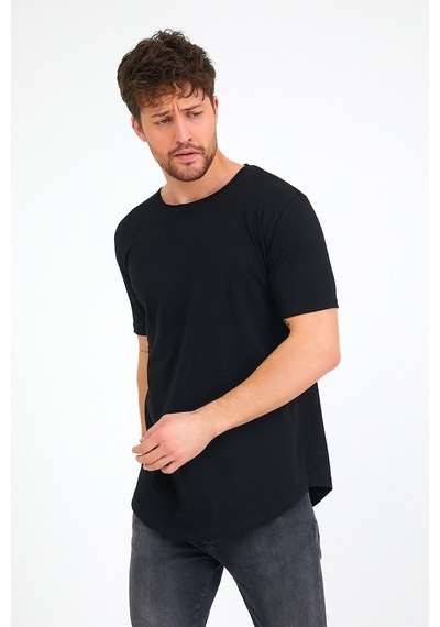 Eg38 Pis Yaka Eteği Oval Tişört Siyah Siyah