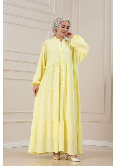 Sevitli Lilyum Kumaş Robalı Katya Elbise-sarı-5822