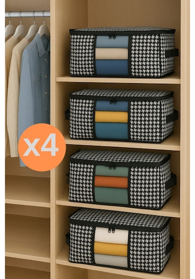 Formeya 4 Adet Lüks Pencereli Çok Amaçlı Çorap Hurcu 34x22x22 Cm Siyah