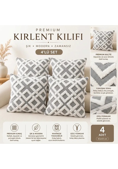 Premium Kırlent Kılıfı 4'lü Set 43x43 Cm Geometrik Gri-beyaz