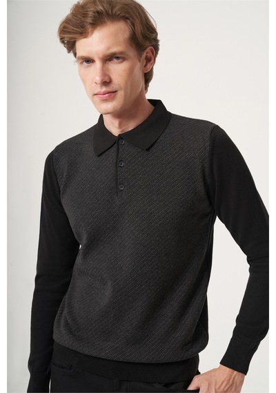 İmza Siyah-füme Polo Yaka Uzun Kol Örme Comfort Fit Pamuklu Kazak 1012265153 Siyah - Füme