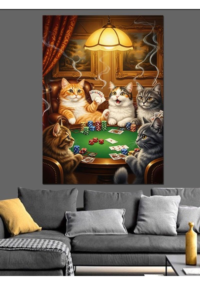 Ahşap Tablo Poker Oynayan Kedi Grubu