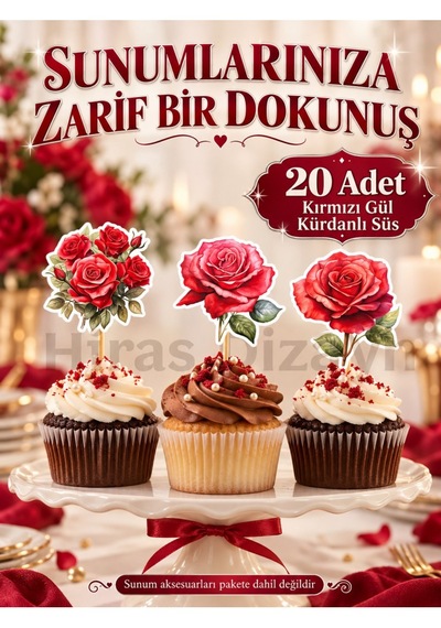 Hiras Dizayn Kırmızı Gül Kürdanlı Süs Seti 20 Adet Cupcake Pasta Sunum