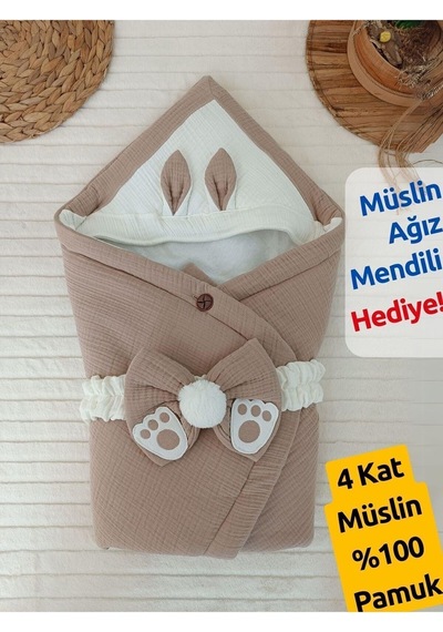 4 Kat Müslin Kiremit Bebek Battaniyesi %100 Pamuklu Doğal Organik Uyku Kundağı Hastane Çıkışı Sütlü Kahve
