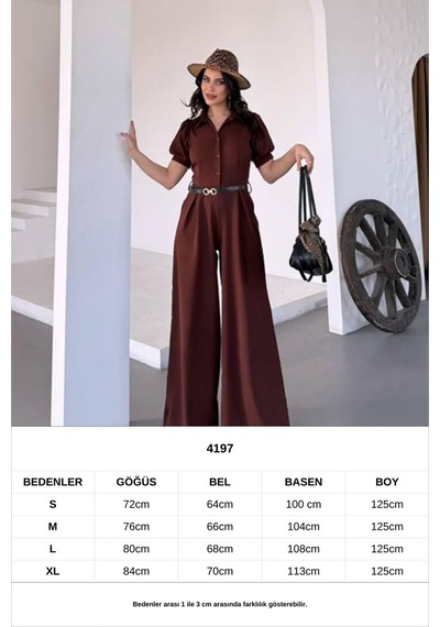 Neşeli Butik Kadın Gömlek Yaka Kemerli Geniş Paça Tulum Nbk4197 Kahverengi