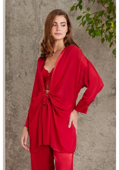 Pierre Cardin 7025 Kadın Kırmızı 4'lü Saten Takım Gelin Set Kırmızı