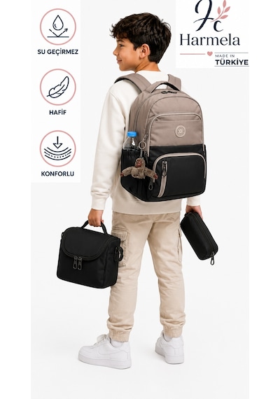 Suya Dayanıklı Vizon-siyah İlk Okul Çantası 3'lü Seti Unisex Çocuk Sırt İlkokul Çantası 8010 Kahverengi