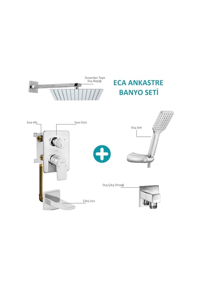 Eca Ankastre Gömme Banyo Bataryası Duş Seti 25 x 25 CM Krom