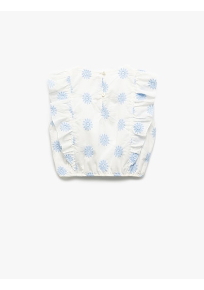 Koton Pamuklu Bisiklet Yaka Kolsuz Çiçek Nakışlı Kolsuz Crop Bluz Mavi Desenli 5skg60067aw Mavi Desenli