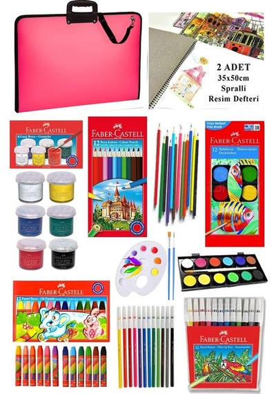 Öğrenci Boyama Seti 11 Parça 1 Paket 35x50 Resim Çantası Resim Defter Faber Sulu Boya Kuru Boya Pastel Boya Keçeli Kalem 001