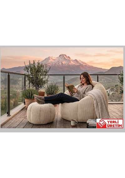 Herev Puf/ Tekli Puf Berjer / Baba Koltuğu / Papatya Modelli Kadife Kumaşlı Puf Takımı Krem