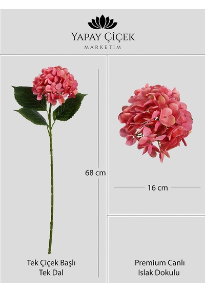Mercan Pembesi Yapay Ortanca Çiçeği Tek Dal Premium Canlı Islak Dokulu 68 Cm