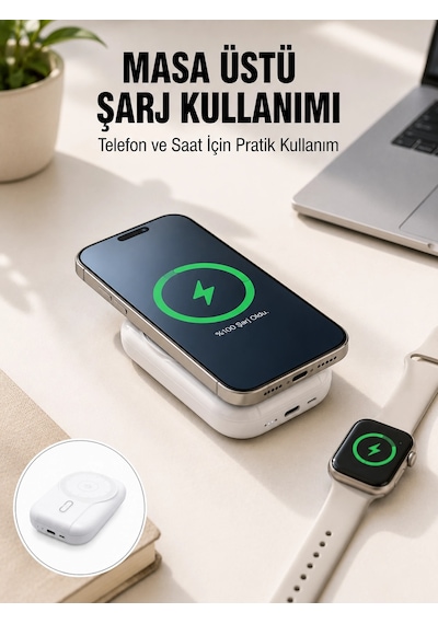 Akıllı Saat Ve Telefon Uyumlu 4 Ü 1 Arada Powerbank 10000 Mah Yeni Nesil Beyaz