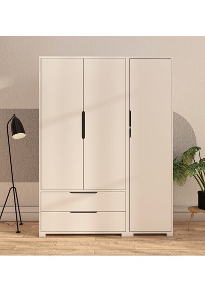 Flora 3 Kapaklı 2 Çekmeceli Gardırop Beyaz Elbise Dolabı