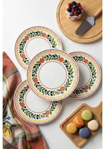 Grandora Retro Zeytin Ve Çiçekli 6 Adet, 20 Cm Pasta, Tatlı Veya Sunum Tabağı - Çok Amaçlı Kahvaltı Tabak Çok Renkli