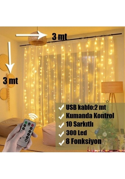 Tel Peri Günışığı Perde Led 8 Animasyon Usb Girişli- Kumandalı Askı Aparatlı, 10 Saçaklı 3x3