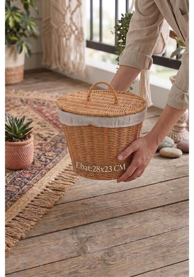 Atbyhome Kapaklı Bezli Hasır Patates Soğan Sepeti - 28x23 Cm Mutfak Düzenleyici Kahverengi