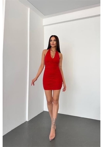 Dip Moda Kadın Boyundan Bağlama Detaylı Mini Elbise Dpnbdf033 Kırmızı