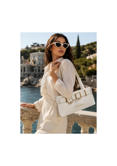 Just Polo Gold Aksesuarlı Kadın Omuz Çantası Premium Tasarım Beyaz