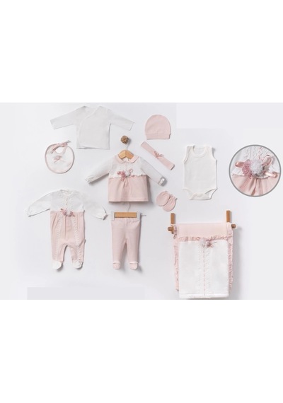 Lamato Baby Çiçek Aksesuarlı Dantelli Kutusuz Hastane Çıkışı Bebe 10' Lu Set Pembe