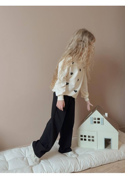 Miniko Kids Kız Çocuk Kalp Modelli Geniş Paça Pamuk Takım Siyah