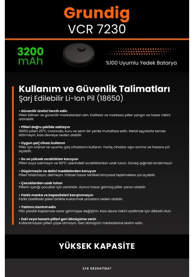 Grundig Uyumlu Vcr 7230 3200mAh Robot Süpürge Bataryası