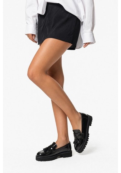 Luvi Shoes Poen Siyah Rugan Hakiki Deri Püsküllü Kadın Loafer Ayakkabı