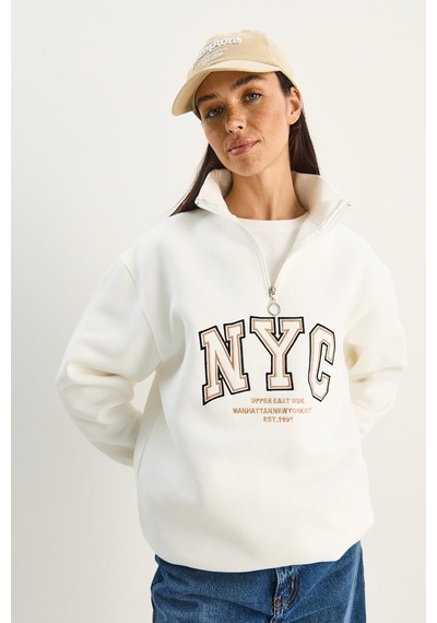 Shade Kadın Nyc Nakış İşlemeli Yakası Fermuarlı Üç İplik Şardonlu Oversize Sweatshirt 60283767 - Beyaz Shade Kadın Nyc Nakış İşlemeli Yakası Fermuarlı Üç İplik Şardonlu Oversize Sweatshirt 60283767 - Beyaz