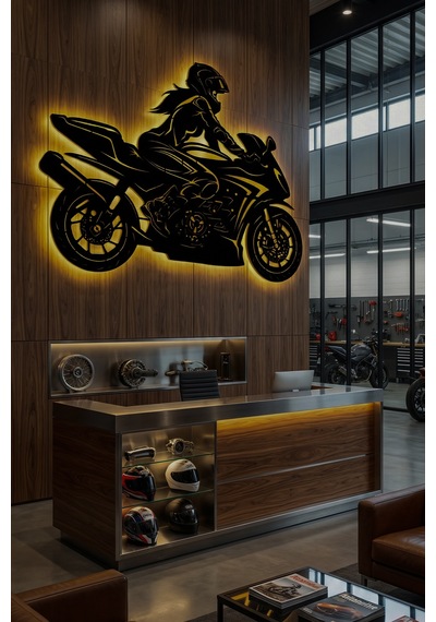 Lucenda Led Işıklı Kadın Motorcu Silüet Tablo Modern Motosiklet Duvar Dekoru Sarı - 865124191 Sarı