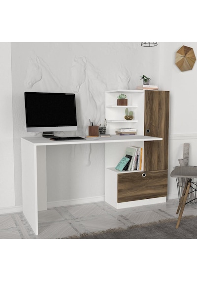 Dekorister Merinos Kitaplıklı Çalışma Masası Beyaz-Ceviz