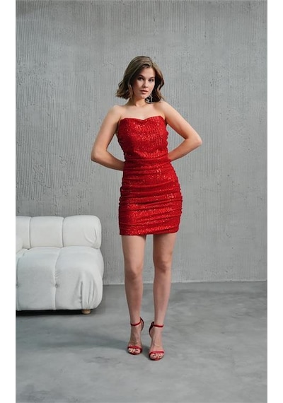 Dip Moda Kadın Straplez Payet Mini Elbise Dpnbwll06 Kırmızı