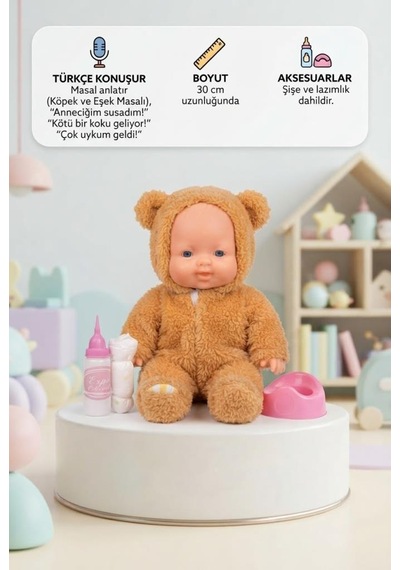 Masal Anlatan Ve Altını Islatan Kostümlü Bebek Kafası Kolları Et 30 Cm Lazımlık Ve Biberon Hediyeli 88084392