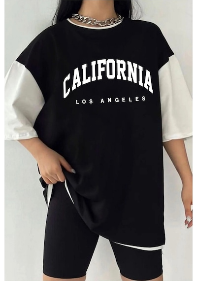 Çift Renk California New York Baskılı Unisex Tshirt Beyaz