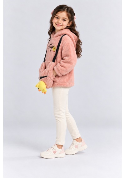 Ahengim Kız Çocuk Peluş Kapüşonlu Sweatshirt Pretty Nakışlı Oyuncak Aksesuarlı Çantalı Kışlık Üst Ak4130 Pembe