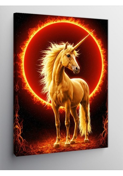 Kanvas Tablo Ateş Çemberinde Altın Unicorn 100cmx140cm