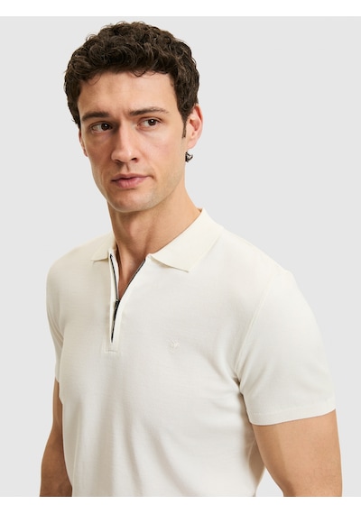 Beyaz Slim Fit Fermuarlı Polo Yaka Triko T-shirt