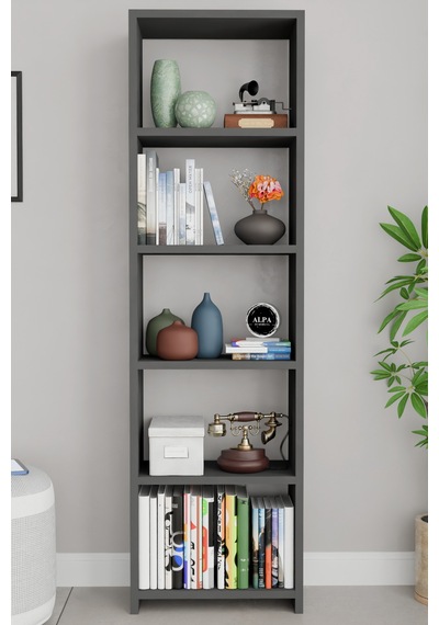Alpaevmobilya Ahşap 5 Raflı 150 Cm Çok Amaçlı Açık Kitaplık Dekoratif Salon Rafı Düzenleyici Ve Organizer Antrasit