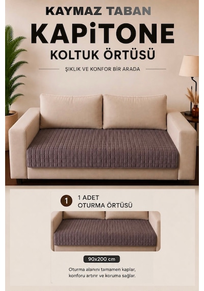 Kare Desenli Tek Parça Kaymaz Taban Kapitone Koltuk Örtüsü Çekyat Kanepe Örtüsü 90x200 Füme Füme