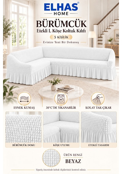 Bürümcük Kumaş 5 Kişilik Etekli L Köşe Koltuk Kılıfı Beyaz - 934819522 Beyaz