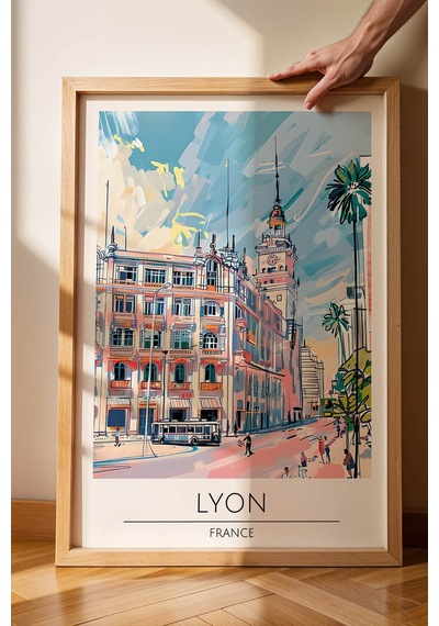 Fransa Lyon Temalı Çerçeveli Tablo Travel Serisi Modern İllüstrasyon Şehir Duvar Dekoru Kayın