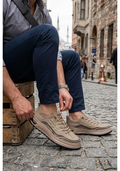 Pepita E146 Rahat Hafif Keten Özel Tasarım Spor Sneaker Erkek Ayakkabı Camel