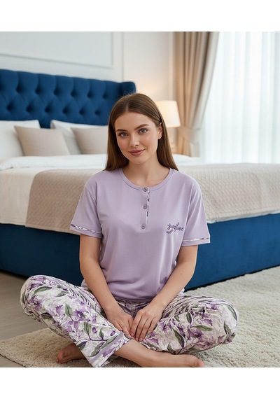 Mihra Kadın Ring Viskon Düğmeli Yaka Kısa Kol Likralı Pijama Takımı 40112m - 1 Adet Mor