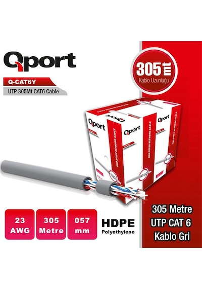 Qport Q-cat6y 305m Utp 0,57mm Cat6 23 Awg Grı Kablo