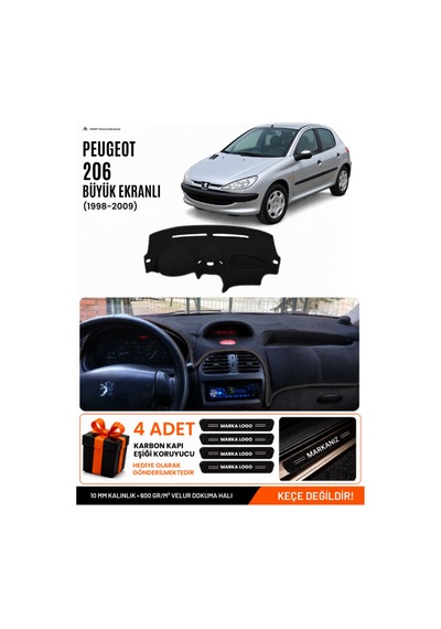 Peugeot 206 Büyük Ekranlı 1998-2009 Uyumlu Torpido Örtüsü, Torpido Kılıfı - Siyah