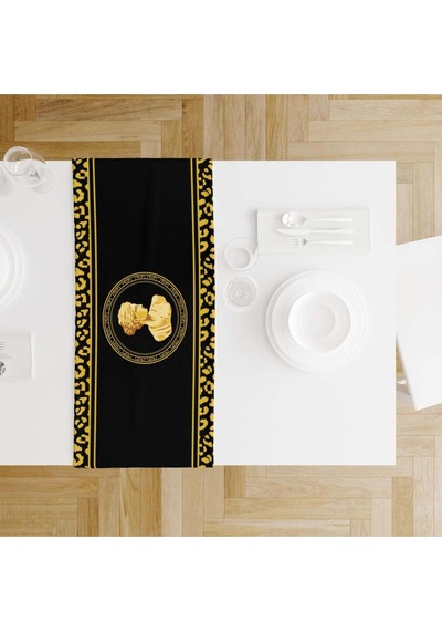 Siyah Büst Detaylı Runner 140x45cm İnce Keten, Uluslararası Yıkama Ve Solmama Sertifikası Çok Renkli