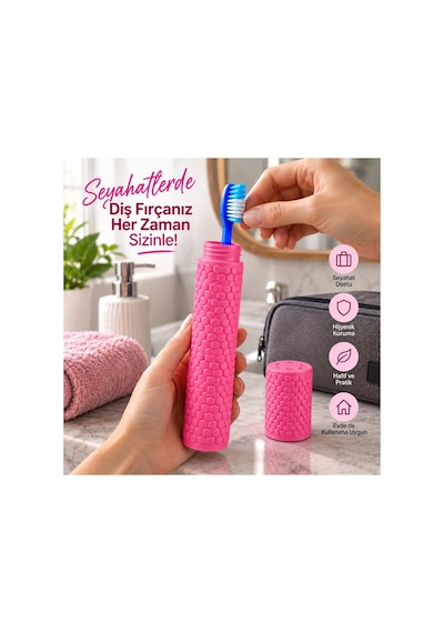 Taşınabilir Seyahat Tipi Geçmeli Kapak Diş Fırçası Saklama Kabı - Hijyenik Koruma Kutusu - Pembe Diğer