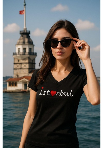 Rich Kadın V Yaka T-shirt %100 Pamuk Tişört SIYAH